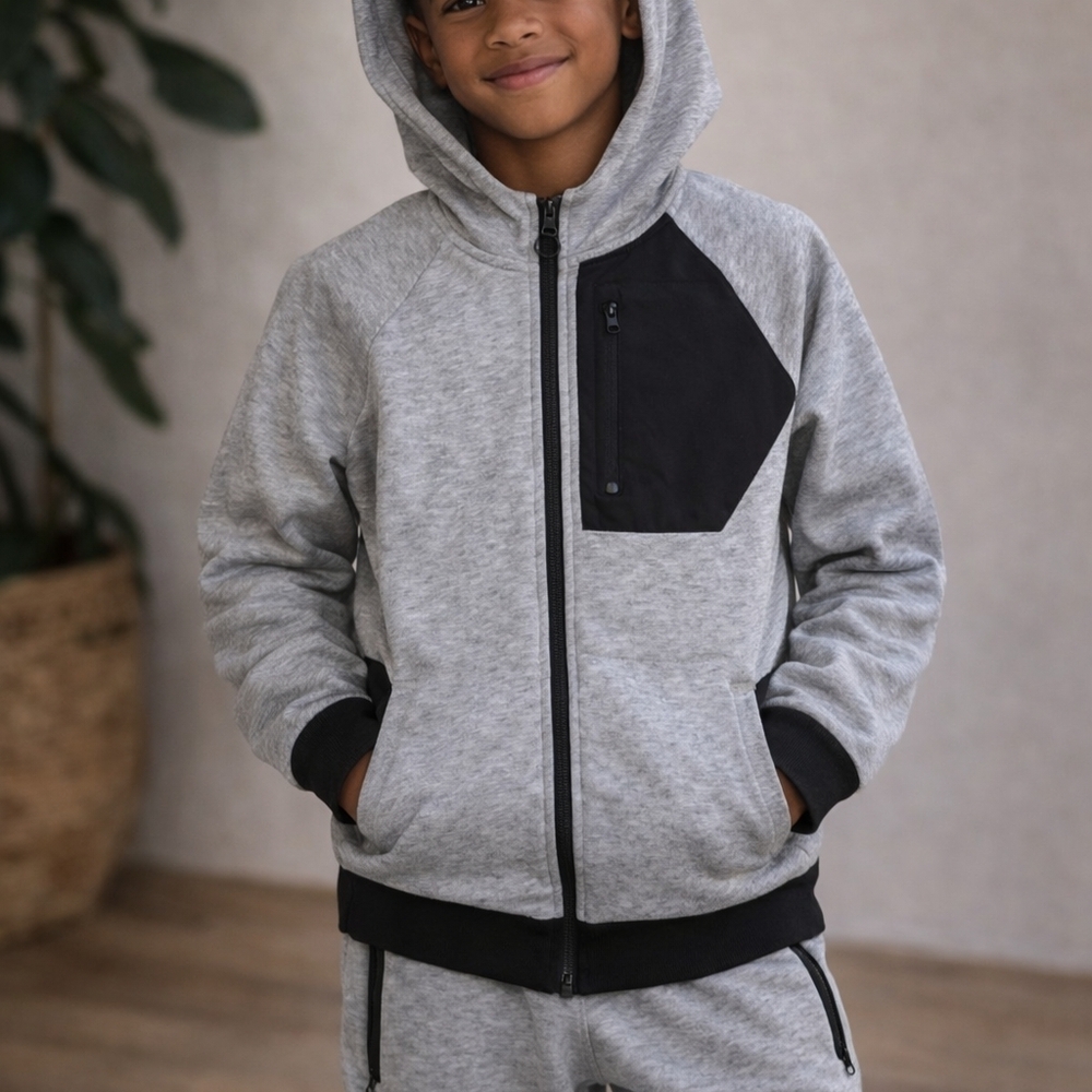 Gray and Black Kids Jogging Outhfit Hoodie